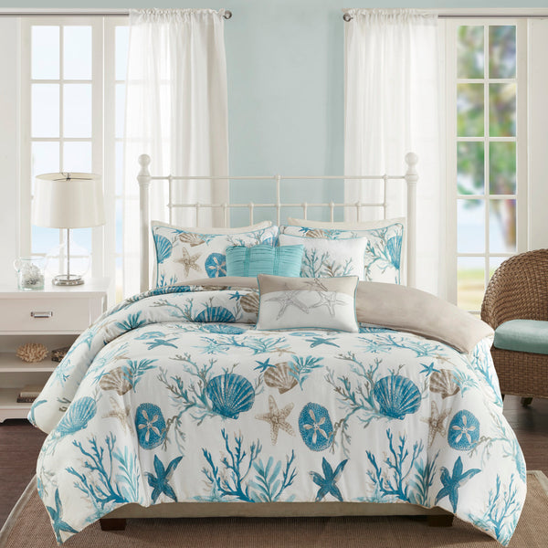 English Elm Full/Queen Pebble Beach 6 Piece Cotton Sateen Duvet Cover Set - Coastal Shells, OEKO-TEX, Embroidered Pillows B03597371