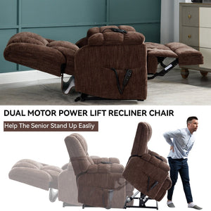 English Elm Dual Motor Power Lift Recliner Chenille Chair with Massage Heat and Infinite Positions Brown W3224P288490