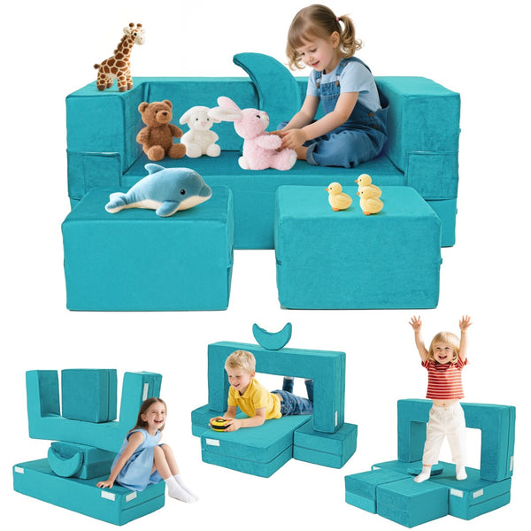 English Elm 5-piece Modular Foam Play Couch Velvet Toddler Sofa Foldable Kids Playroom Set Cyan T5880P493436