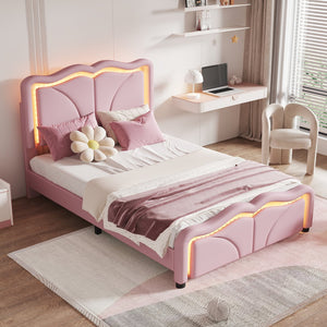 English Elm Twin Upholstered Platform Bed with Curved Headboard, Adjustable Heights, Sturdy Pine Frame, LED Accent Lights Pink WF323748AAH