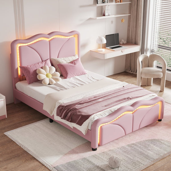 English Elm Twin Upholstered Platform Bed with Curved Headboard, Adjustable Heights, Sturdy Pine Frame, LED Accent Lights Pink WF323748AAH