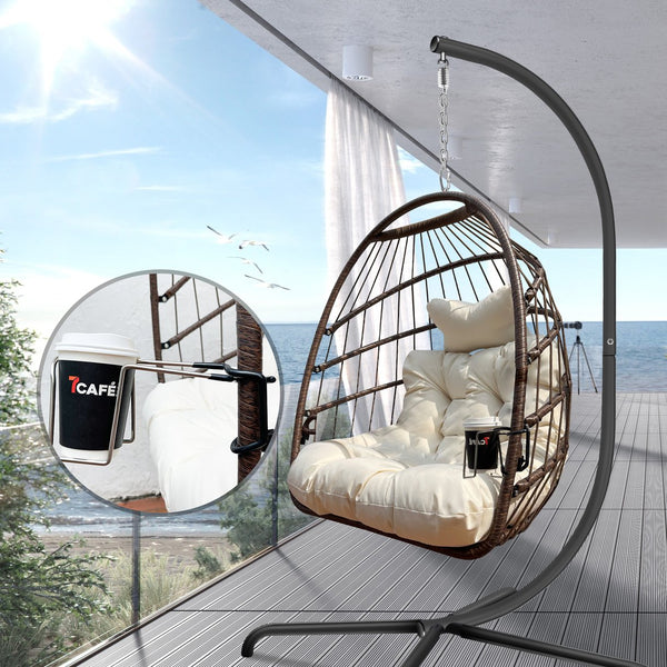 English Elm Swing Egg Chair with Stand - Foldable Wicker Rattan Hanging Basket, Safety Guardrail & Cup Holder beige brown W2707P184390