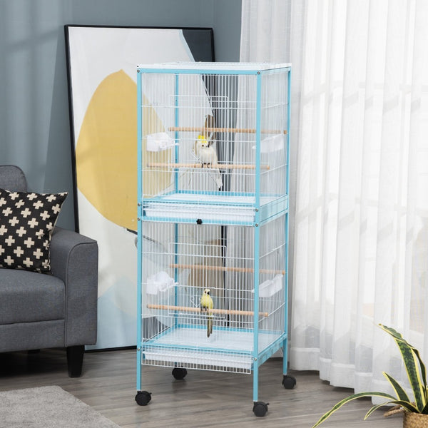 English Elm Pawhut Two-tier Indoor Bird Aviary Steel Wire Cage with Rolling Casters Multi-door W2225P217029