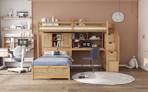 English Elm Twin Over Twin Loft Bed with Built-In Desk, Stairs, Shelving and Storage Headboard for Space-Saving Rooms Natural GX000465AAN