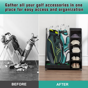 English Elm Golf Bag Storage Rack Wooden 2 Bag Organizer with Shoe Shelf for Garage Basement Black W1422P296350