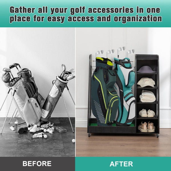 English Elm Golf Bag Storage Rack Wooden 2 Bag Organizer with Shoe Shelf for Garage Basement Black W1422P296350