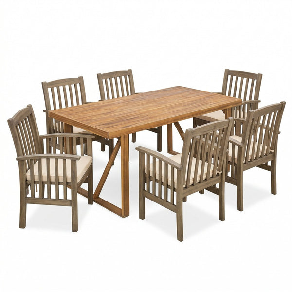 English Elm 7 Piece Solid Acacia Wood Outdoor Dining Set Six Chairs Slatted Table Patio Ready Grey,Teak N762S000037AAK