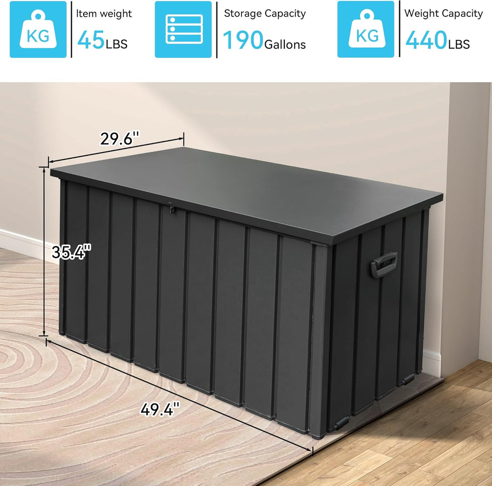 English Elm 190 Gallon Metal Deck Box Waterproof Steel Outdoor StorageBench with Lock, Wheels, Hydraulic Pistons Dark Gray W1859P404343