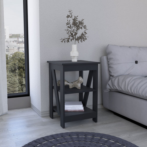 English Elm 3-Tier Engineered Wood End Table with Cross-Brace Legs, Compact Nightstand with Ample Shelving Space Black 34.6 L x 20.8 W x 3.14 H B097P199750