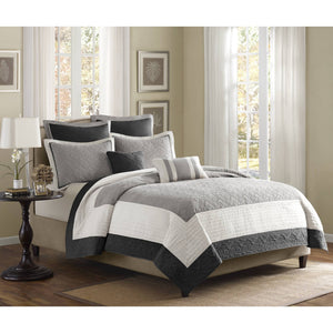 JLA Home Madison Park - 7 Damask Quilt Ensemble with Euro Shams & Throw Pillows — Hotel-Inspired, Breathable Cotton-Rich Comfort 104 L x 94 W x 0.25H MP13-1742