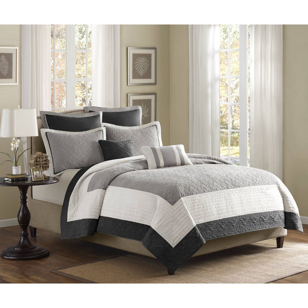 JLA Home Madison Park - 7 Damask Quilt Ensemble with Euro Shams & Throw Pillows — Hotel-Inspired, Breathable Cotton-Rich Comfort 104 L x 94 W x 0.25H MP13-1742