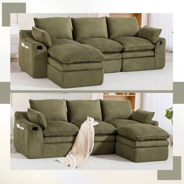 English Elm L Shaped Corduroy Modular Sectional with Cloud Cushions Footstool and Lumbar Pillows Emerald W395S00139