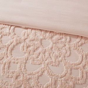 JLA Home Madison Park - 3-Piece Tufted Cotton Chenille Duvet Cover Set with Medallion Texture, Breathable OEKO-TEX Comfort Blush MP12-5981
