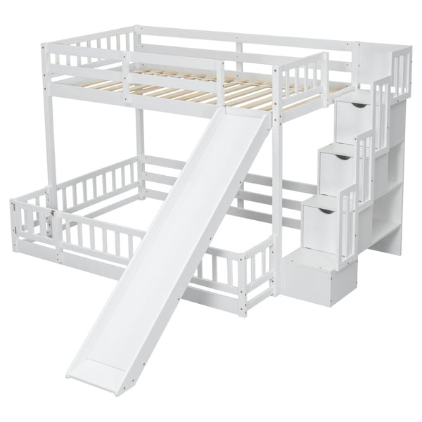 English Elm Twin Over Full Bunk Bed With Slide & Storage Staircase - Stylish Pine Bed With Safety Guardrails, White W504S00185-GIGA