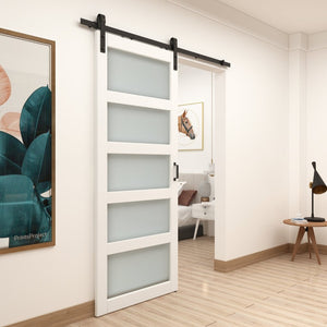 English Elm 30 in Matte Black Steel Sliding Barn Door Frosted Glass Privacy Panel with Hardware B2763P483230