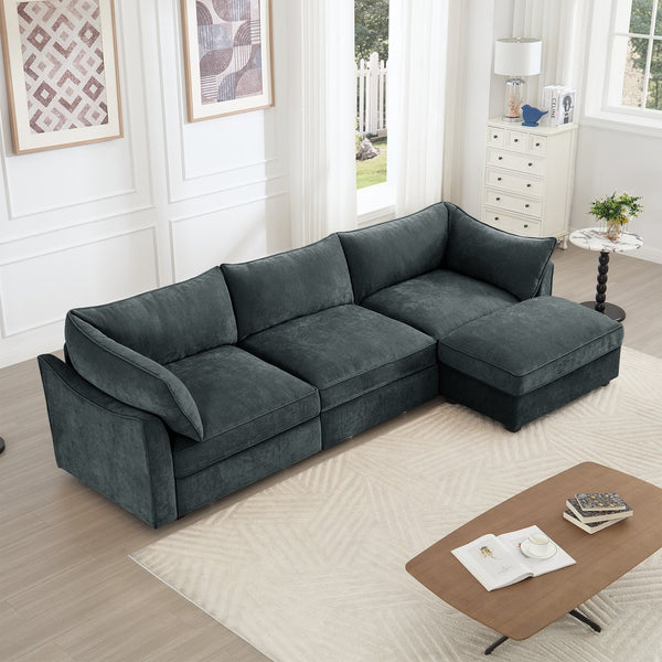 English Elm L-Shaped 3-Seater Sectional Sofa Couch With Movable Ottoman, Chenille Fabric For Modern Comfort & Style W3041S00196