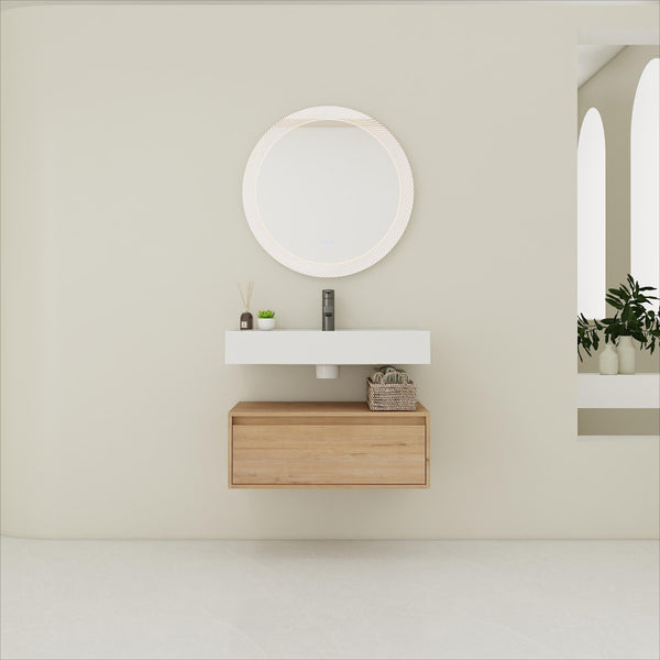 English Elm 30-Inch Wall-Mounted Bathroom Vanity With Resin Sink, Soft-Close Drawer, Modern Oak Finish Design W999S00256