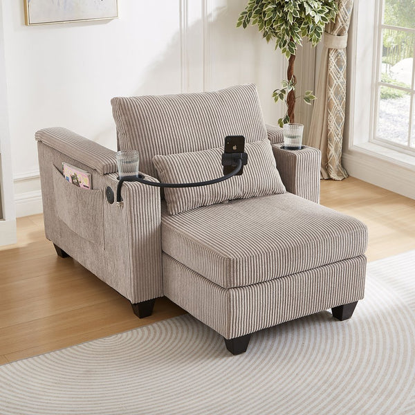 English Elm Convertible Chaise Lounge Sofa Chair & Bed - Corduroy With Usb Ports, Cup Holders & Storage Space N719S002021D