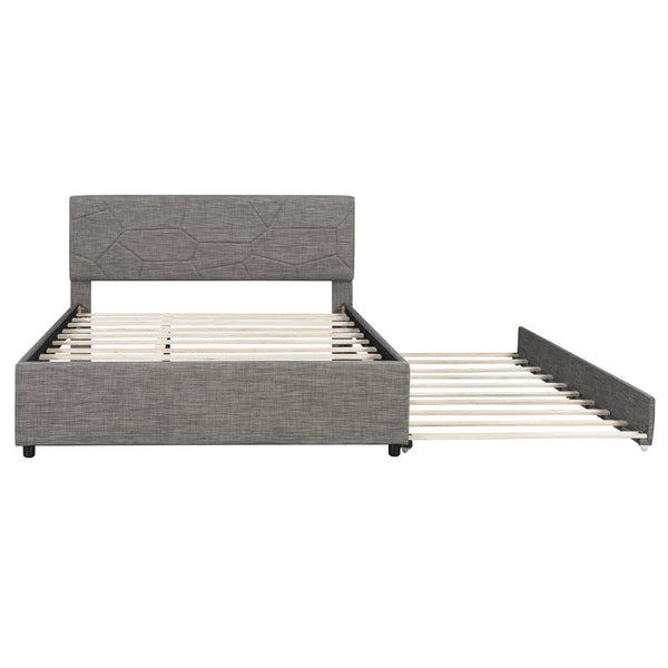 English Elm Queen Linen Upholstered Platform Bed with Brick Textured Headboard and Pull Out Trundle SF000004AAE-1