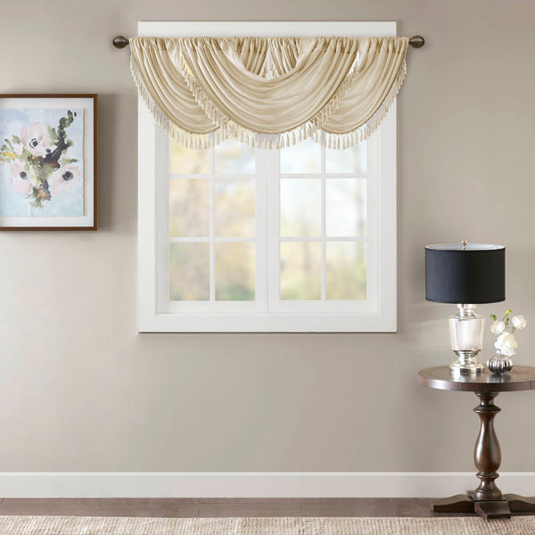 JLA Home Madison Park - Faux Elena Waterfall Valance in Champagne Faux Silk with Lined Draping & Tassel Trim, OEKO-TEX Certified MP41-4952