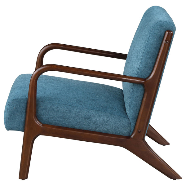 English Elm 1pc Mid-century Modern Accent Armchair with Curved Wood Frame, Soft Upholstery, Splayed Legs for Cozy Spaces Blue,Cappuccino 32 L x 31 W x 18.25 H B011P308536