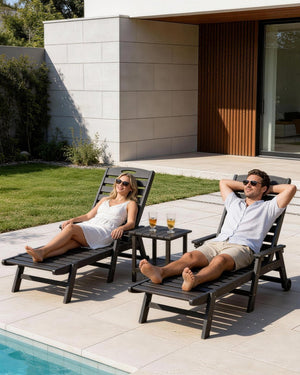 English Elm Pool Chaise Lounge Set Two Chairs Hdpe Outdoor Reclining Patio Sunbathing Furniture Black W1859S00215