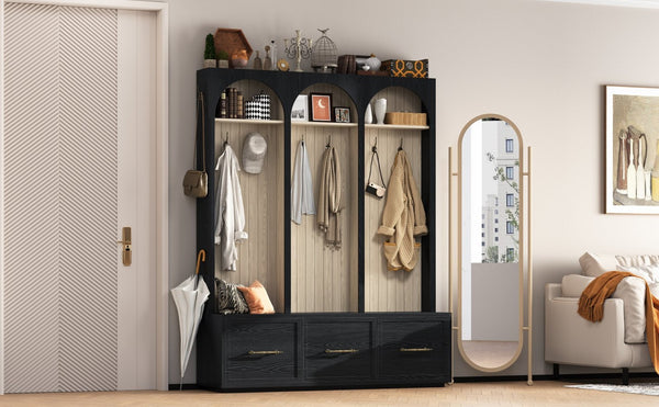 English Elm Farmhouse Hall Tree with Arched Panels Bench Drawers and Hooks for Mudroom Entryway Black W5271S00005
