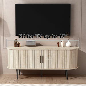 English Elm Tv Stand 47 Inch Mid-century Console with Fluted Sliding Door and Tapered Wood Legs W2641P442533