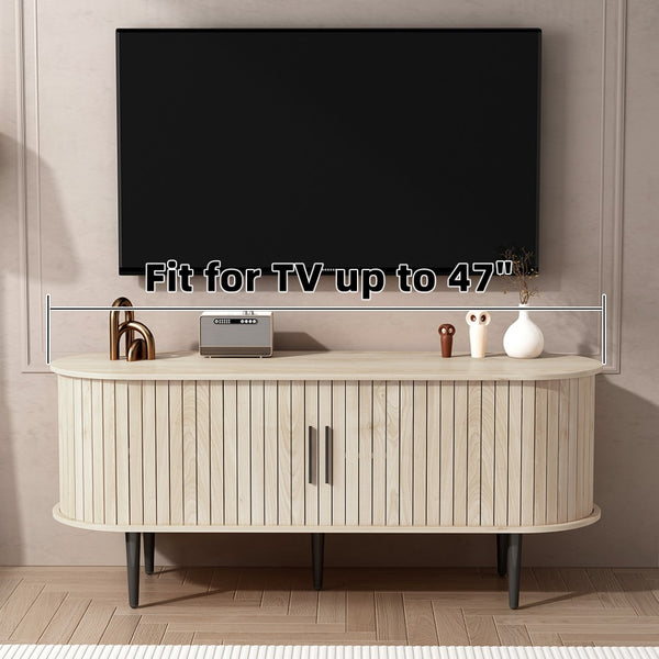English Elm Tv Stand 47 Inch Mid-century Console with Fluted Sliding Door and Tapered Wood Legs W2641P442533