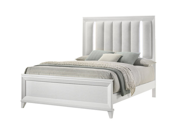 English Elm Contemporary King Bedroom Set with Led Headboard Upholstered Cushion and White Wood Frame B2741S00105