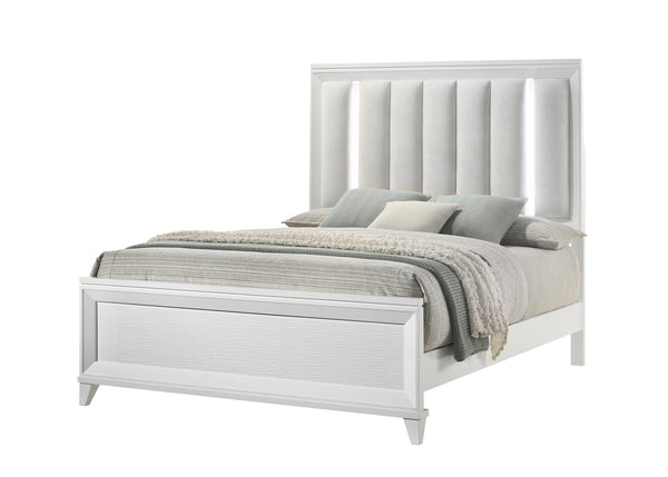 English Elm 1Pc Queen Size Panel Bed With Led Headboard - Modern Upholstered Design & Solid Wood Frame, White Finish B2741S00102