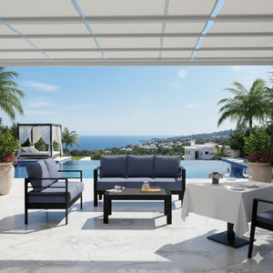 English Elm 3-piece Outdoor Aluminum Conversation Set with Deep Cushions and Wpc Coffee Table Blue B082S00095
