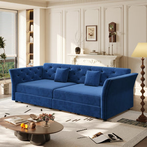 English Elm 74.4" Queen Velvet Sleeper Sofa Artisan Floral Tufted Cushions Converts for Guest Rooms Blue W1885S00306