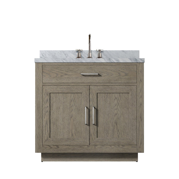 English Elm Grey Oak Single Bath Vanity With Carrara Marble Top & Chrome Faucet Set – Stylish Storage Solution! B2731P257687
