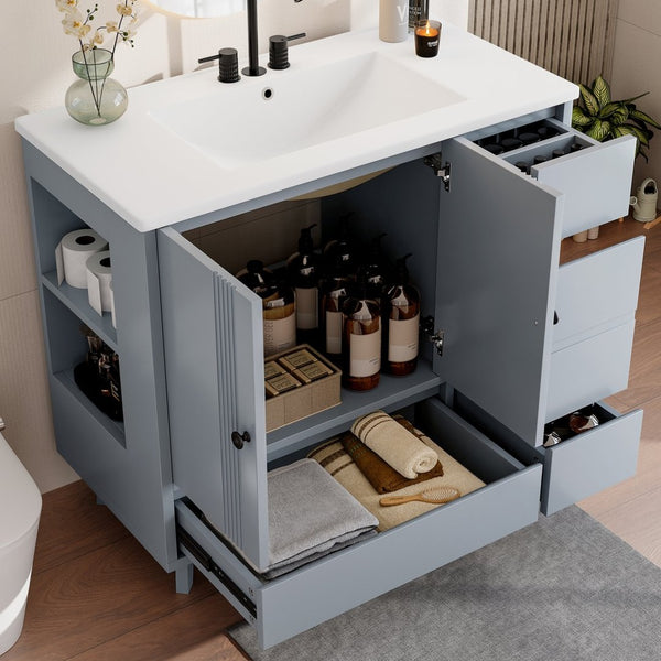 English Elm 36" Freestanding Bathroom Vanity Solid Wood Cabinet Ceramic Basin Four Drawers White W1580P382509