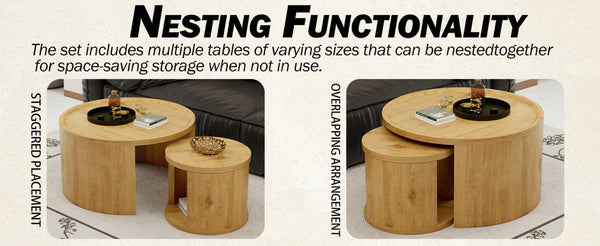 English Elm Round Nesting Coffee Tables with Wood Grain Tops Minimalist Set for Living Room W1727S00091