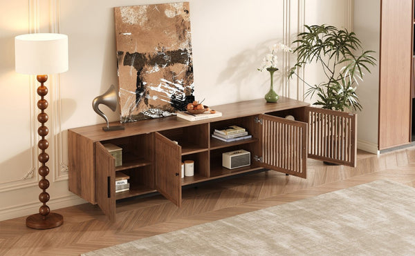 English Elm 78 Inch Walnut Media Console with Slatted Doors Solid Wood Legs and Cable Management N710P374706P