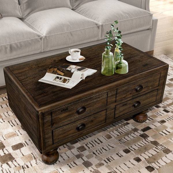English Elm Solid Wood Rectangle Coffee Table With Antique Finish, 4 Drawers, Rivet Legs - Rustic Charm For Living Room W1202P176740-GIGA