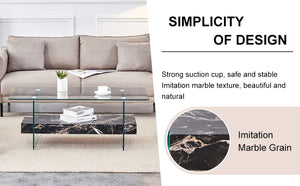 English Elm Rectangular Two Tier Glass Coffee Table with Marble Shelf for Modern Living Rooms W2920P226071