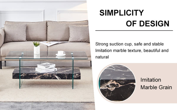 English Elm Rectangular Two Tier Glass Coffee Table with Marble Shelf for Modern Living Rooms W2920P226071