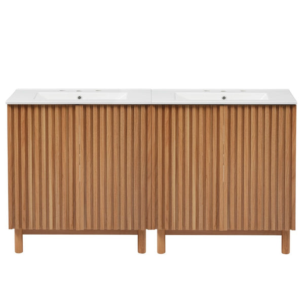 English Elm Modern 48 Inch Freestanding Bathroom Vanity Dual Ceramic Sinks Soft Close Gold Handles N729P000012O