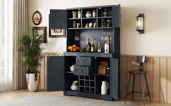 English Elm Coffee Bar Cabinet Dark Blue Farmhouse Buffet with Wine Cubbies, Stemware Rack, Drawers, Shelves & Prep Space Antique Blue W1580S00073