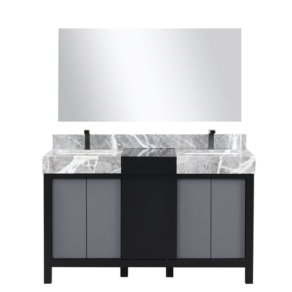 English Elm Black Double Bath Vanity Set With Castle Grey Marble Top, Gun Metal Faucet & 53" Mirror – Stylish & Durable! B2731S01026