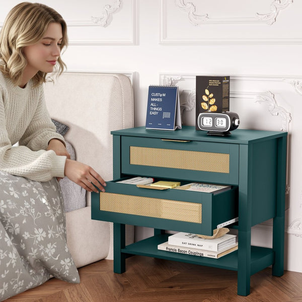 English Elm Rattan Front Boho Coastal Nightstand with Gold Pulls Open Shelf and Woven Drawer Accents Green T3210P471550