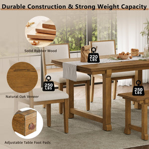 English Elm Trexm Farmhouse Dining Set Seats Six Oak Veneer Table Mixed Chairs Bench Included Beige,Walnut ST000156AAD
