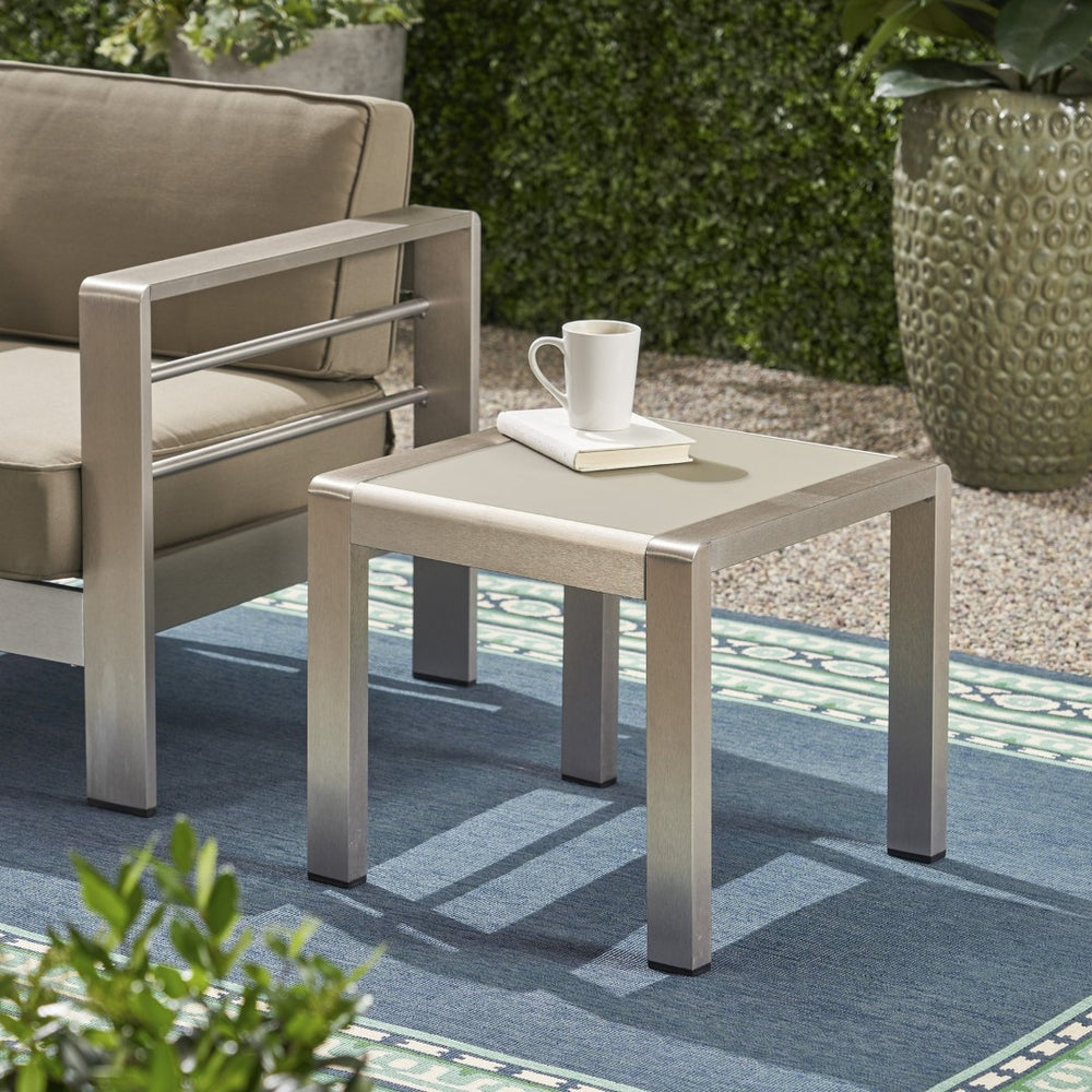 English Elm Cape Coral Frosted Tempered Glass Outdoor Side Table with Rust Resistant Aluminum Frame 65810.00
