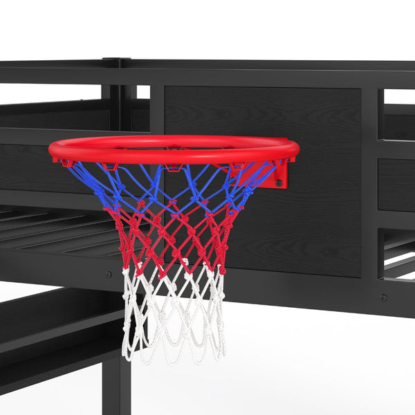 English Elm Twin Metal Loft Bed with Slide Basketball Hoop Climbing Wall and Built-in Shelves W1580S00343