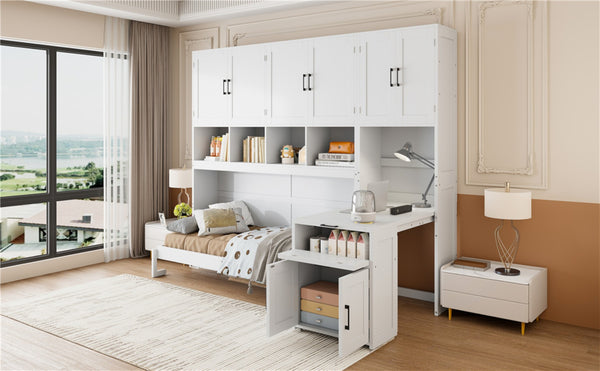 English Elm Twin Murphy Wall Bed with Integrated Closet Drawers and Desk for Studio Spaces White LP000595AAK-2