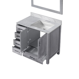 English Elm Distressed Grey Bath Vanity 36 in W x 22 in D with Right Offset Carrara Marble Top, Mirror, Soft-Close Storage and Scratch-Resistant Countertop B2731S00688