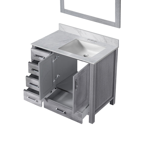 English Elm Distressed Grey Bath Vanity 36 in W x 22 in D with Right Offset Carrara Marble Top, Mirror, Soft-Close Storage and Scratch-Resistant Countertop B2731S00688